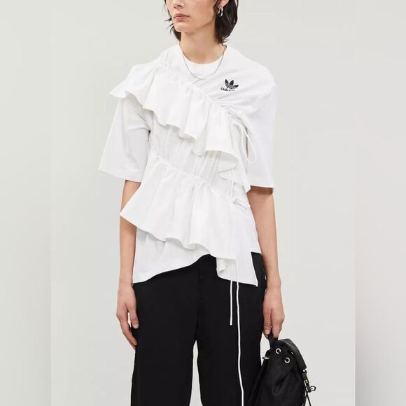 ADIDAS Originals X J-KOO Asymmetric Ruffle-trim Cotton-jersey T-shirt S - Picture 5 of 15